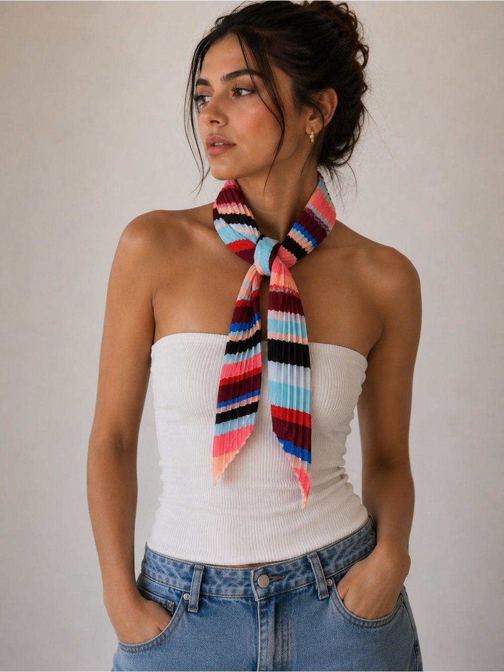 Zara Pleated Scarf With Stripes/OS